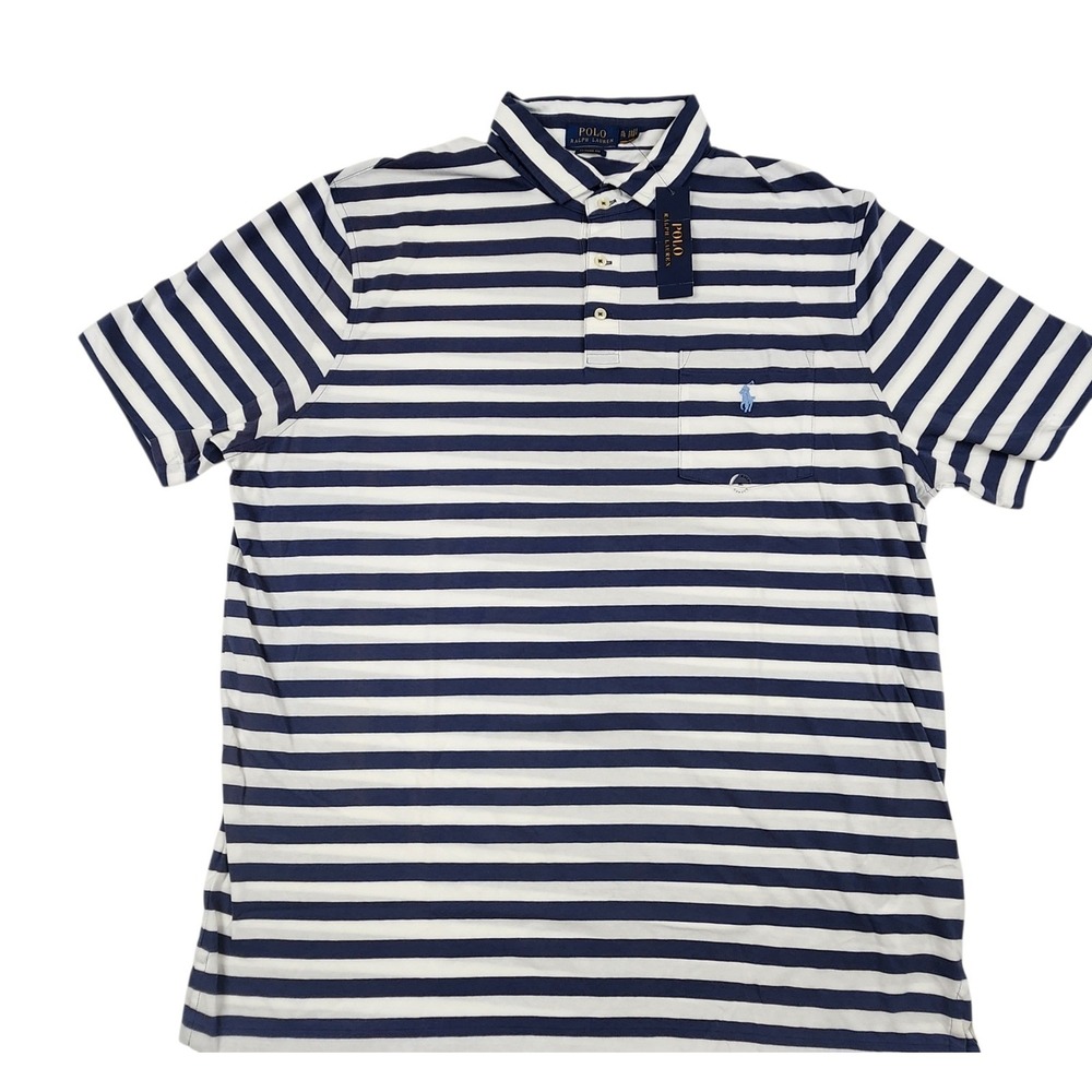 NWT Polo Ralph Lauren Striped Polo Shirt XL Blue Classic Fit Pocket Tee
